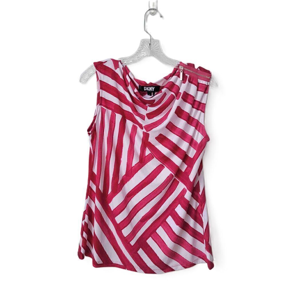 DKNY Red White Striped Sleeveless Blouse Cowl Neck Zipper Detail Size Medium